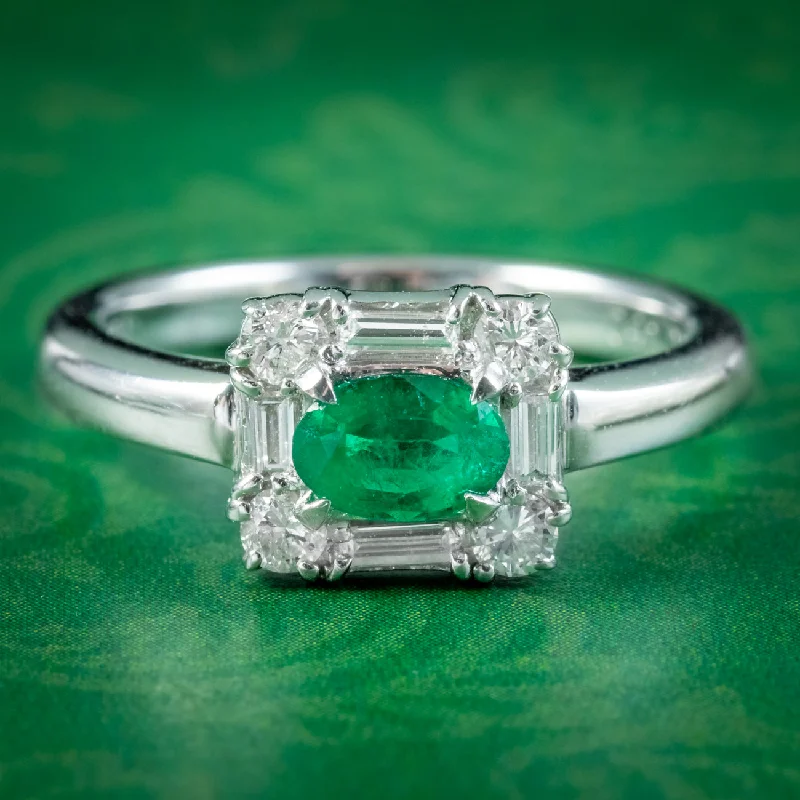 Art Deco Style Emerald Diamond Ring 0.41ct Zambian Emerald