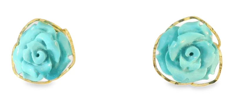 Gorgeous 18K Yellow Gold Turquoise Floral Flower Carved Earrings