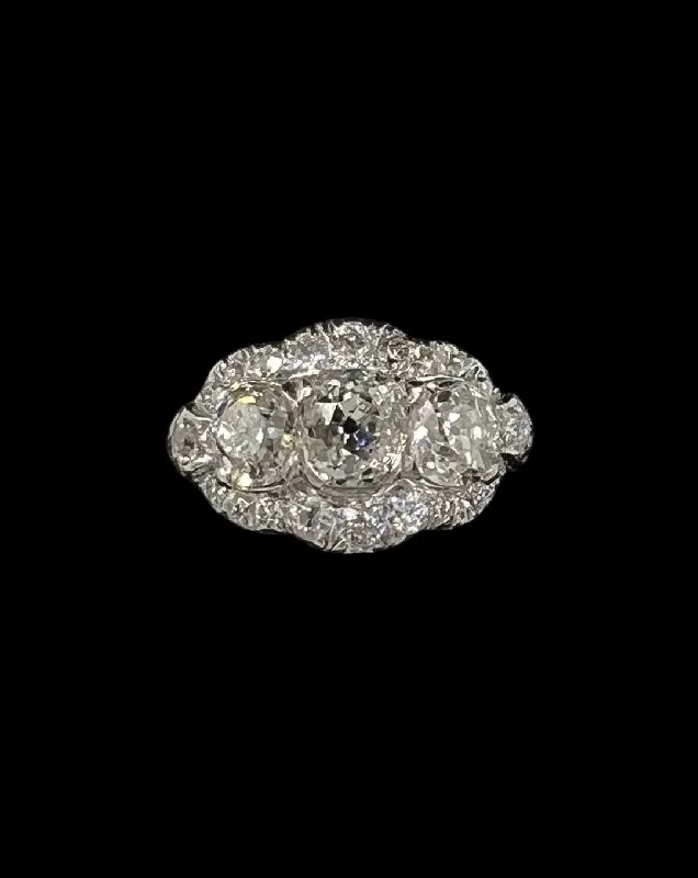 Edwardian Old Mine Cut Diamond Three Stone Platinum Ring Circa 1910