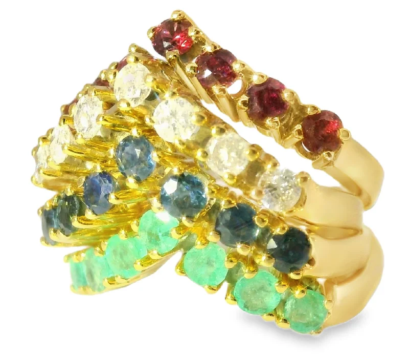 Stunning Estate 14K Diamond Ruby Emerald Sapphire Stacking Set Bands Rings